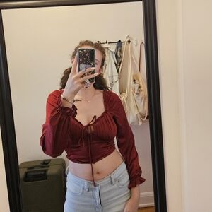 Forever 21 Red Satin Smocked Long Sleeve Blouse Crop Top